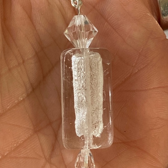 Clear & Silver Lined Lampwork Glass Rectangle Drop Earrings Swarovski & Sterling - Picture 4 of 6